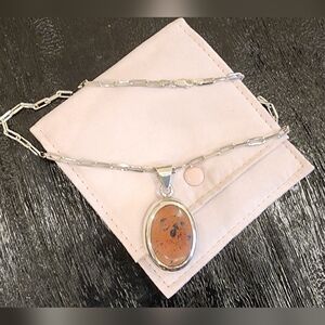 Silver Chain Necklace with Brown Pendant